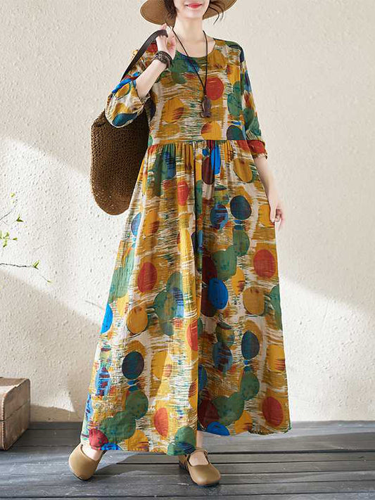 A-line Long Sleeves Pleated Polka-dot Split-joint Round-neck Maxi Dresses