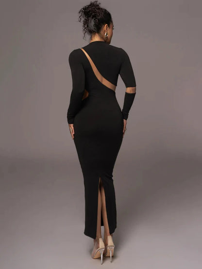 Turtleneck Long Sleeve Bodycon Maxi Dress for Autumn New Patchwork Hollow Out Club Party Long Dress Vestidos