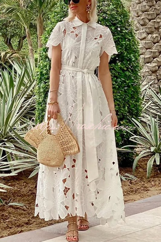 Dubai Style Crochet Lace Short Sleeve Tie-up Shirt Maxi Dress