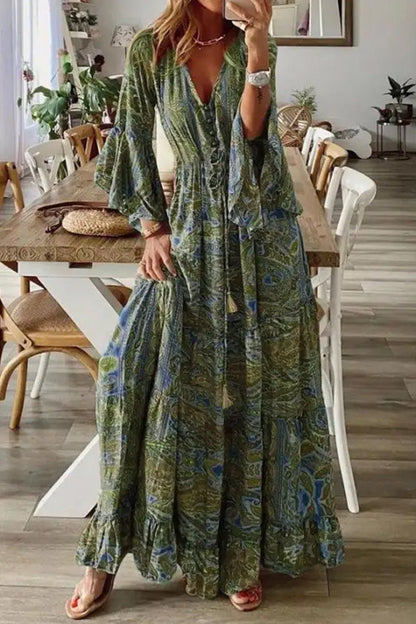 V-neck Loose Peris Print Vacation Long Sleeve Maxi Dress