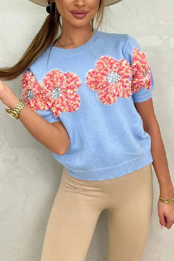 Crewneck Short Sleeves 3d Flower Sweater Top