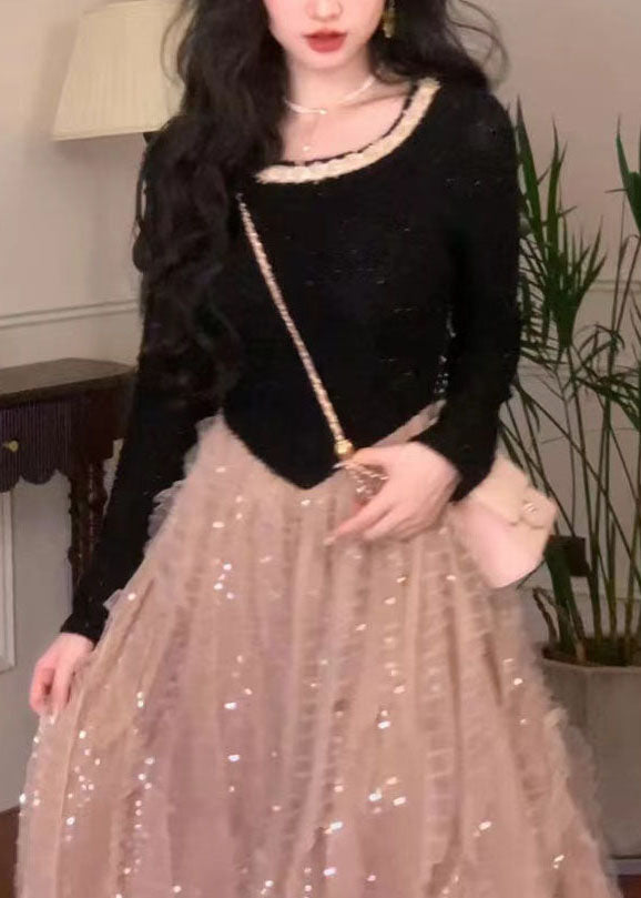 French Colorblock O Neck Patchwork Tulle Long Dress Fall Qx035