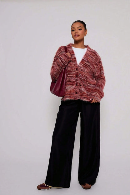 New Retro Deep V-neck Maillard Plush Long-sleeve Knit Cardigan