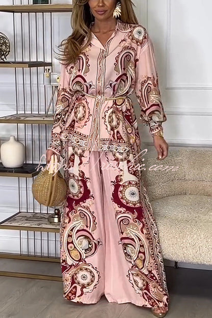 Unique Print Lapel Long Sleeve Tie Waist Shirt and Elastic Waist Pocket Wide Leg Pants Set