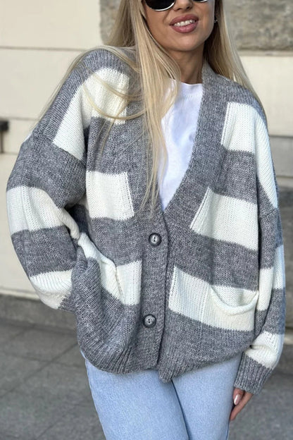 V-neck Long-sleeved Striped Pocket Knitted Cardigan