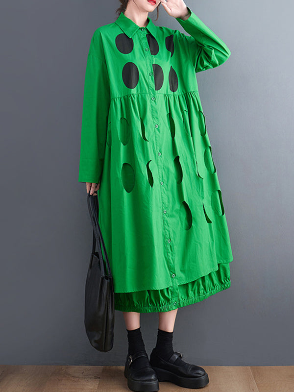 Stylish Long Sleeves A-line Polka Dot Polo Shirt Midi Dresses