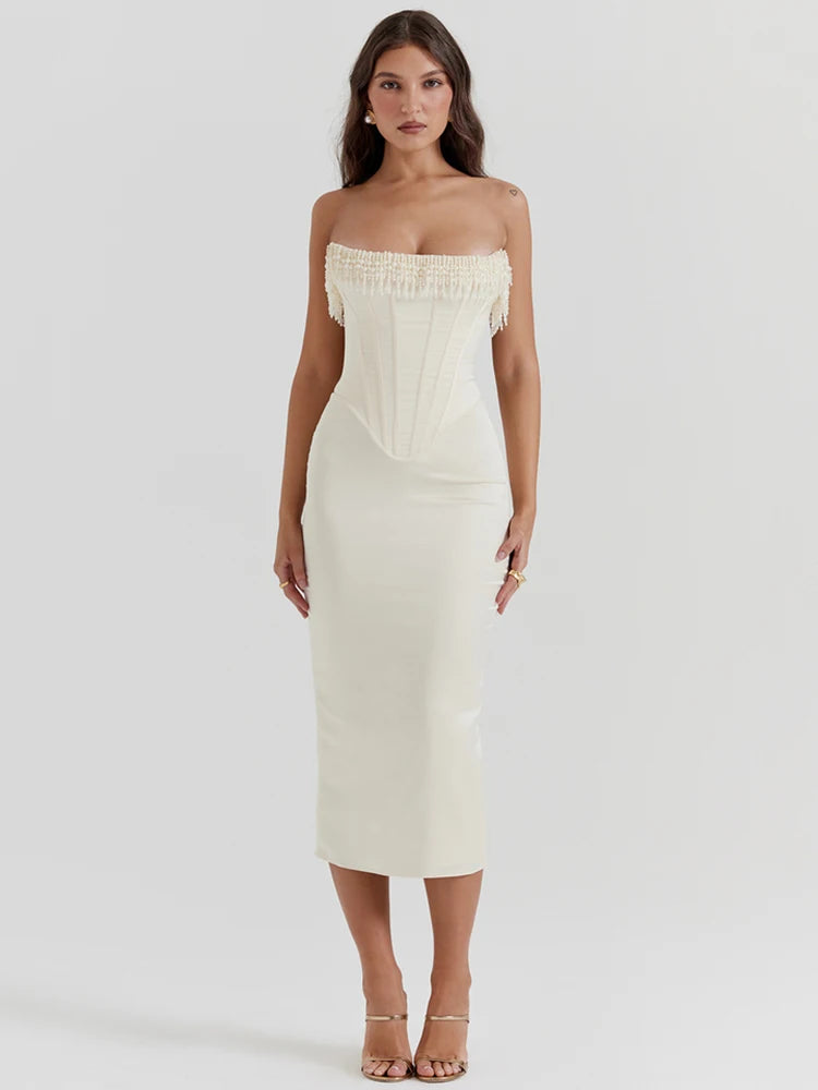 Pearl Tassel Midi Dress for Party Outfits Off-shoulder Strapless Backless Bodycon Club Dress