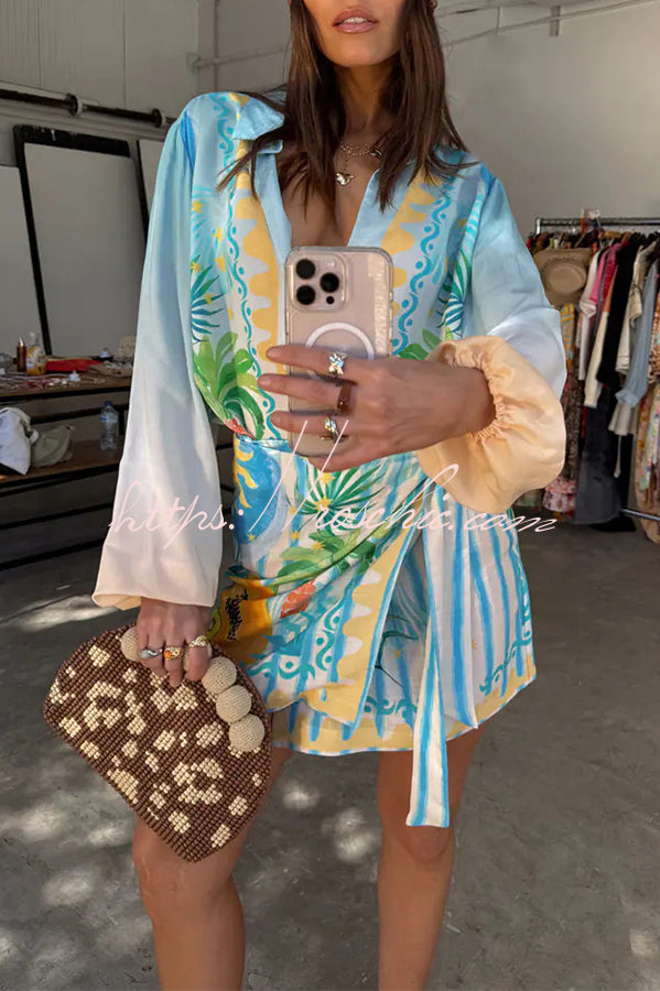 See You in Rio Tropical Fruits Print Button Long Sleeve Loose Blouse