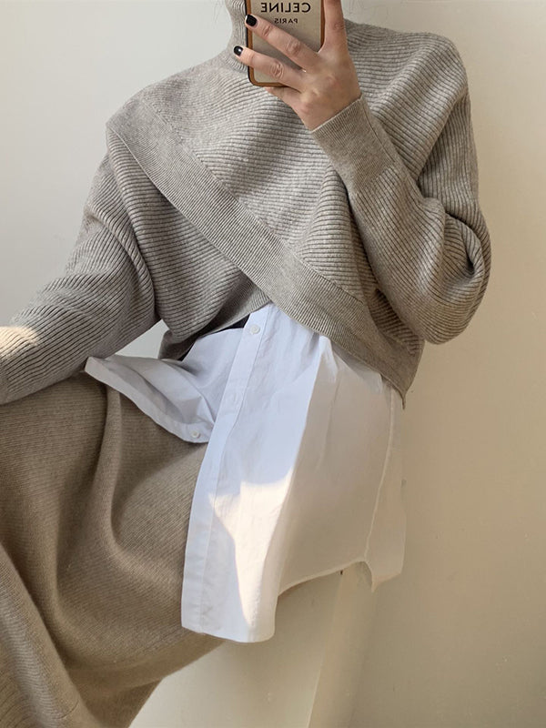 Urban White High-neck Split-front Long Sleeve Crop Sweater An1034