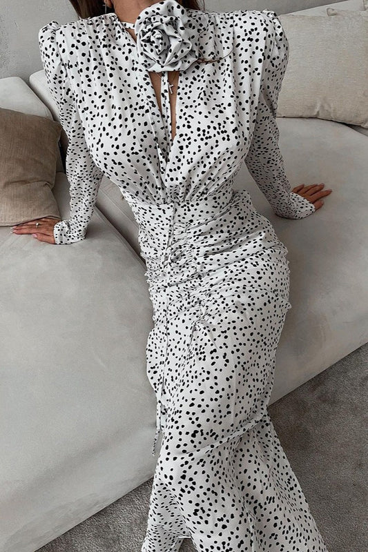 Polka Dot V-neck Puff Sleeve Maxi Dress