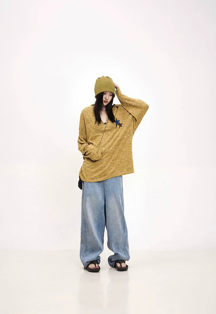 Mustard Yellow Knit Sweater With Star Patch