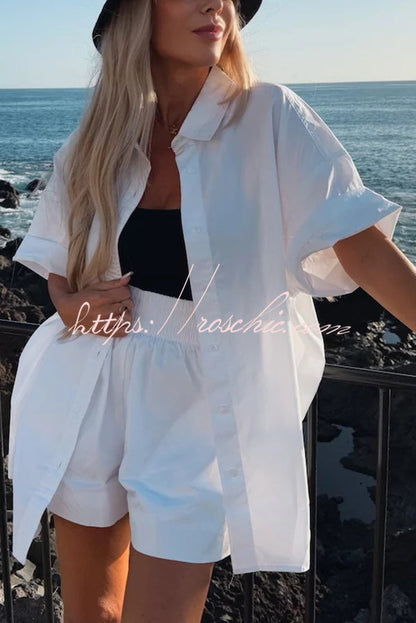 Summer Loose Short-sleeved Shirt and Elastic High Waist Shorts Set