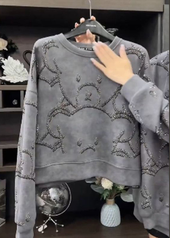 Grey O-neck Sequins Sweatshirt Fall Wd035