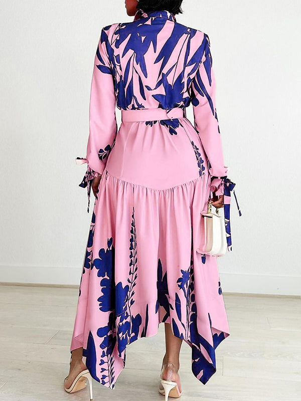 Irregular Clipping Long Sleeves Lace-up Pleated Printed Split-joint Tied Waist Lapel Maxi Dresses Shirt Dress