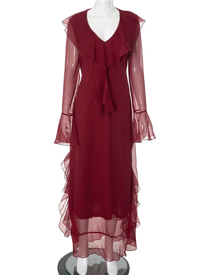 Mesh Ruffled Long Dress ’s V-neck Loose High Waist Patchwork Party Dress Female Autumn Maxi Dress New