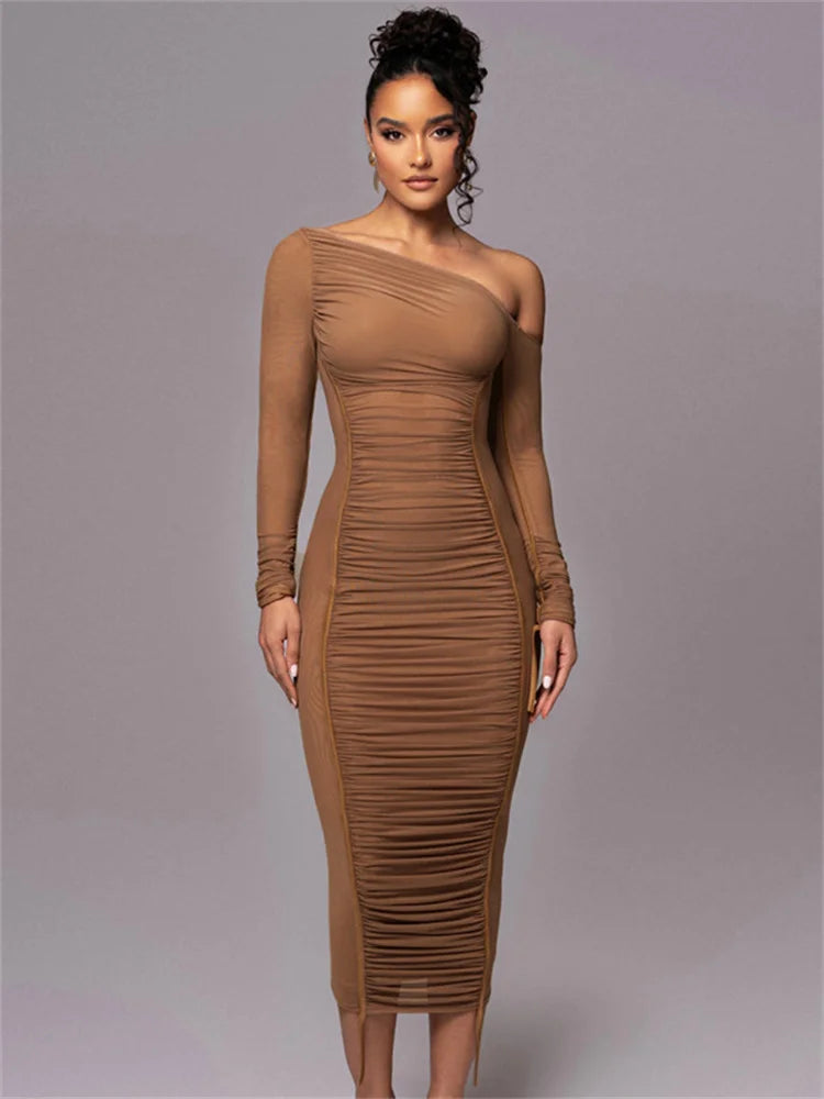 White Mesh Off-shoulder Maxi Dress Female Long Sleeve Patchwork Contrast Summer Backless Party Long Dress