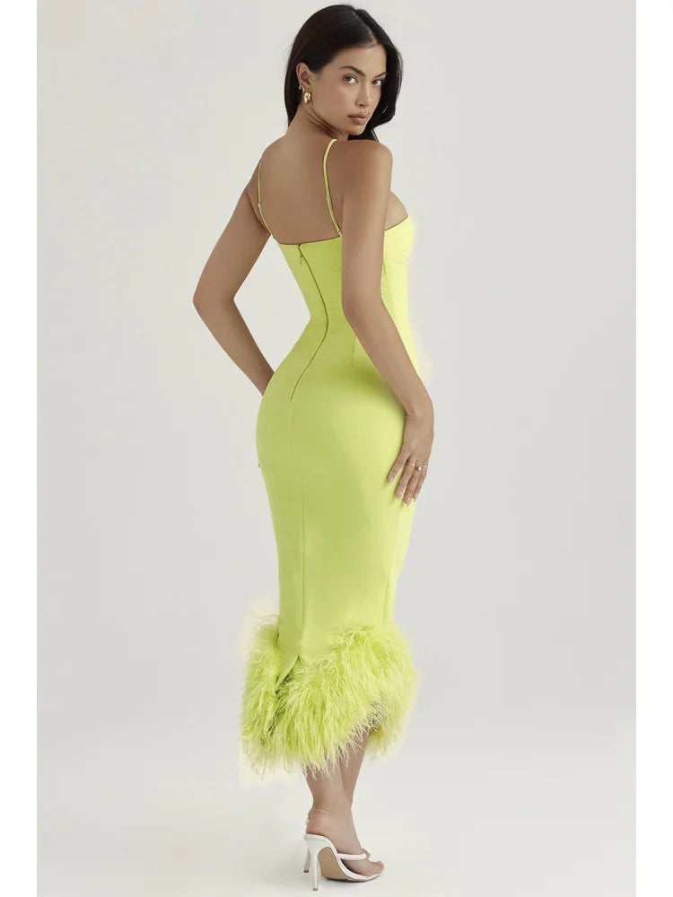 Spaghetti Strap Feather Midi Dress for Robe Backless Bodycon Club Party Dress Vestido