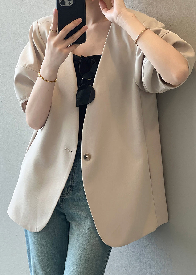 French Apricot V Neck Puff Sleeve Button Coat Qc006