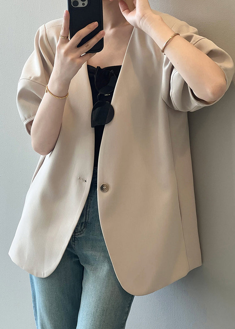 French Apricot V Neck Puff Sleeve Button Coat Qc006