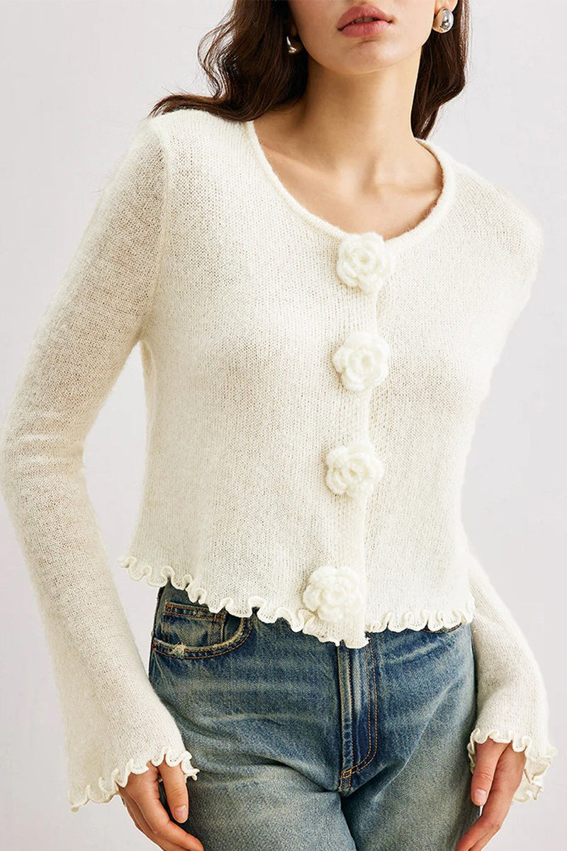 Slim-fit 3d Ruffled Pullover Knit Cardigan