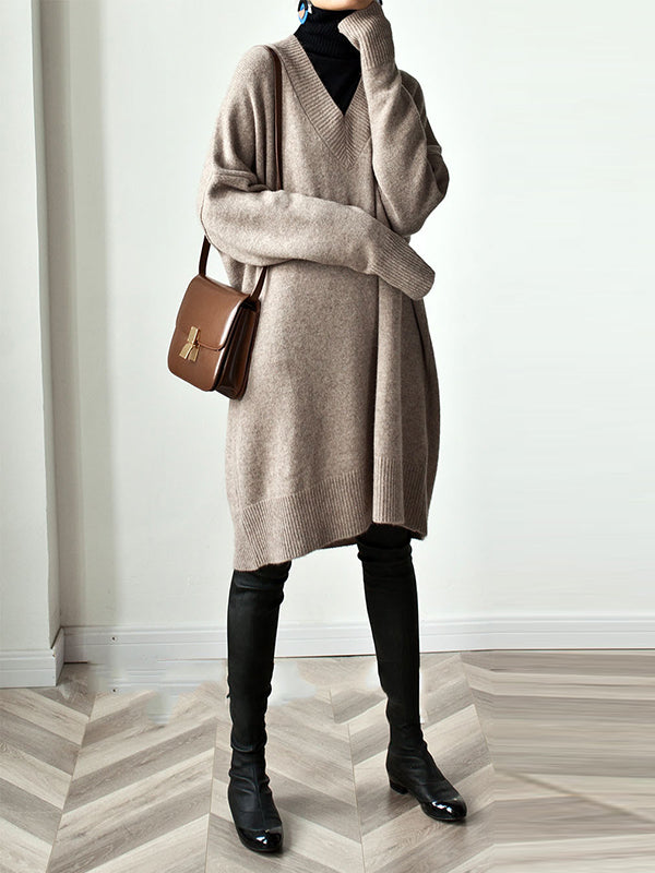 Stylish Long Sleeves Loose Color V-neck Sweater Dresses