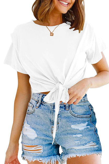 Short Sleeve Knot Front Cropped T-shirt