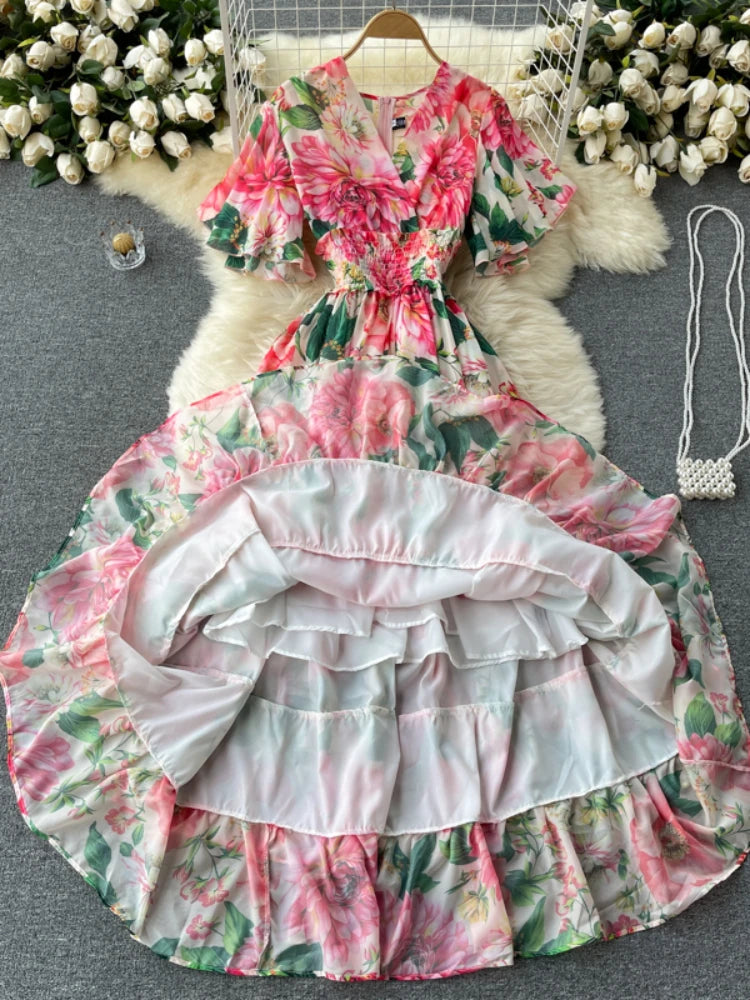 Party Dress Chiffon Printed Long Dresses Short Sleeve V-neck Beach Maxi Dress Vestidos
