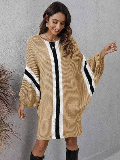 Original Loose 4 Colors Striped Round-neck Batwing Long Sleeves Sweater Dress