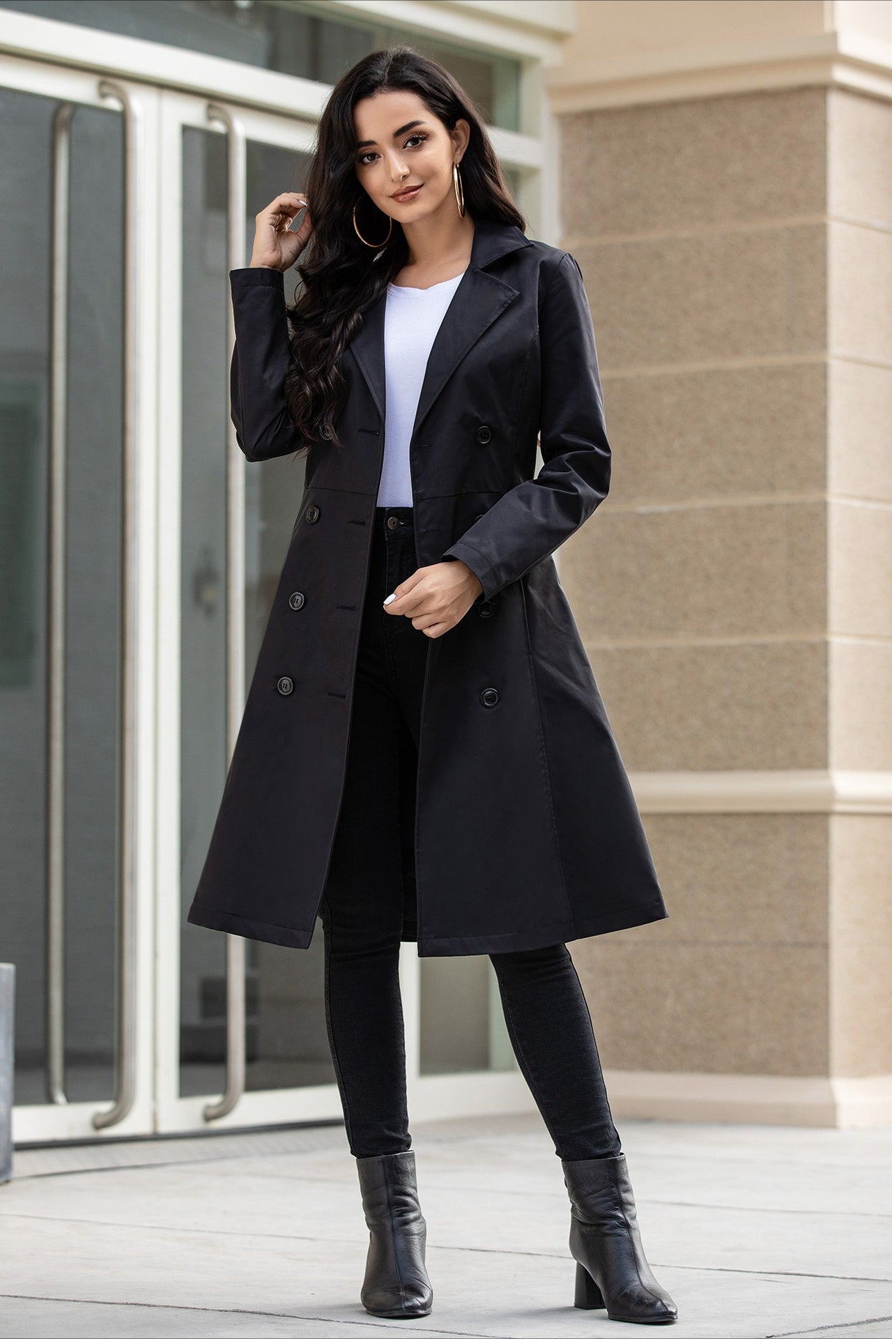 Slim Tie Waist Mid-length Pocket Trench Coat