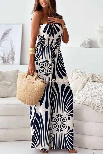 Unique Printed Off-shoulder Pleated Wide-leg Jumpsuit