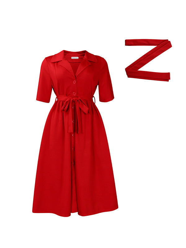 A-line Loose Pleated Pockets Color Tied Waist Notched Collar Midi Dresses