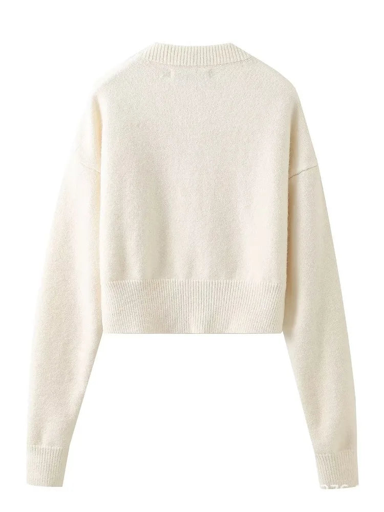White Knitwear Patchwork Cardigan Sweater for Loose High Waist Knit Outwear ’s Coat