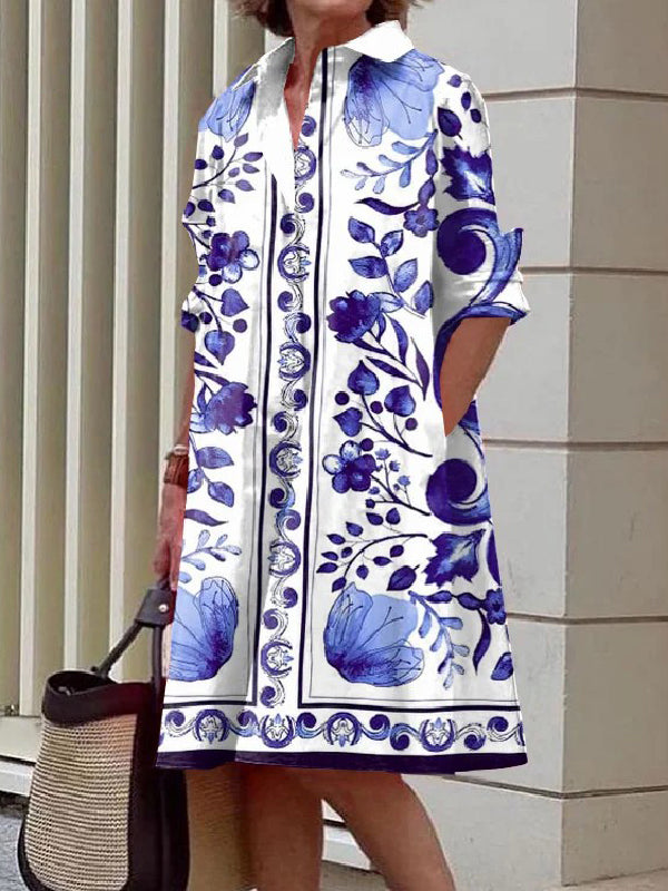Long Sleeves Printed Lapel Midi Dresses