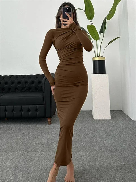 Pleated Long Sleeved Slim Maxi Dress – Off-shoulder Bodycon Gown