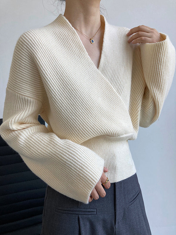French Grey Cross V-neck Long Sleeve Sweater Qx012