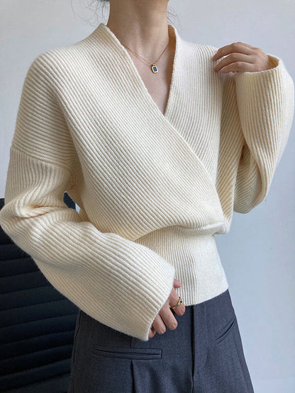 French Grey Cross V-neck Long Sleeve Sweater Qx012