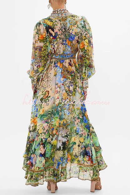Fairy Tale Print V-neck Lantern Sleeve Waist Maxi Dress