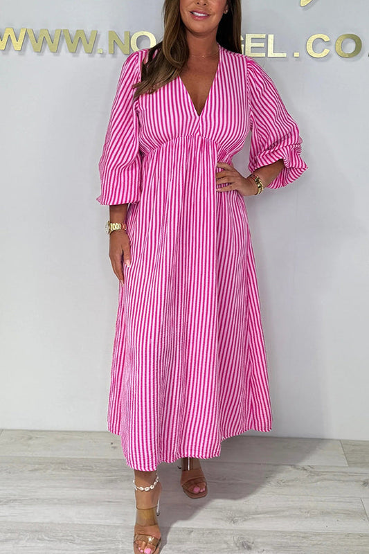 Striped Print V-neck Long Sleeve Loose Maxi Dress
