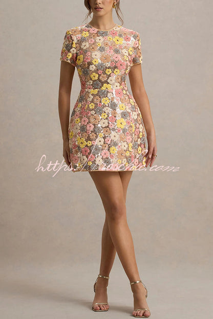 80's Inspired Print Sequin Short Sleeve Stretch Mini Dress