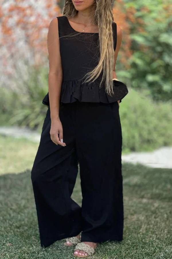 Cotton and Linen Color Sleeveless Top \u0026 Wide Leg Pants Two-piece Set