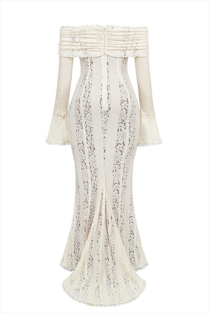 Lace Off Shoulder Flare Sleeve Fishtail Maxi Dresses-white