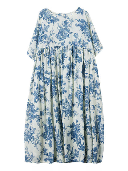Loose Short Sleeves Printed Pleated Split-joint Round-neck Midi Dresses
