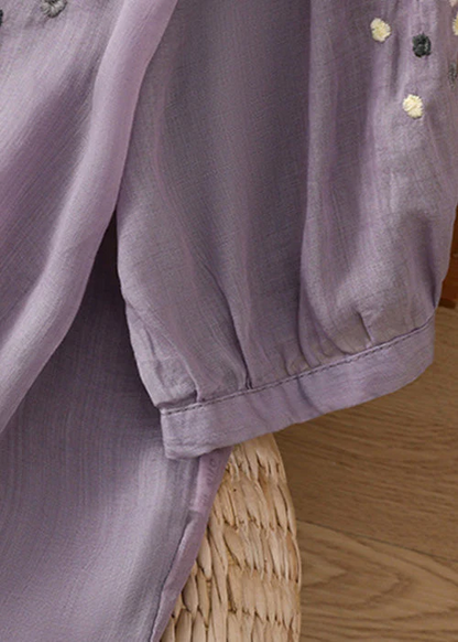 Grace Purple O Neck Embroideried Side Open Linen Blouse Spring Qb032