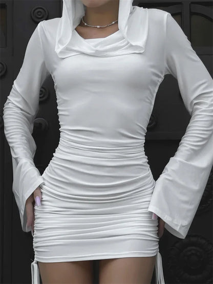 White Hoodie Mini Dress ’s Pleated Slim Long Sleeve Drawstring High Waist Party Dress Female Autumn Dress