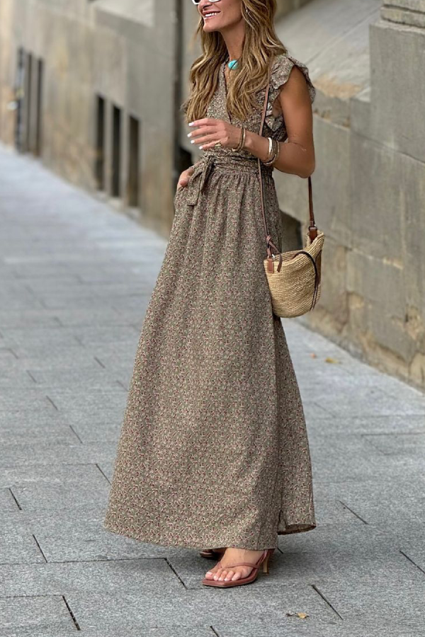 V-neck Ruffled Short-sleeved Waist Long Dress