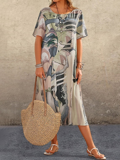 A-line Loose Printed Round-neck Midi Dresses