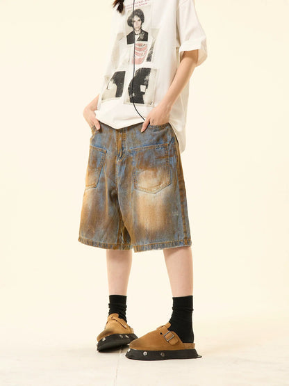 Distressed Denim Oversized Pocket Shorts