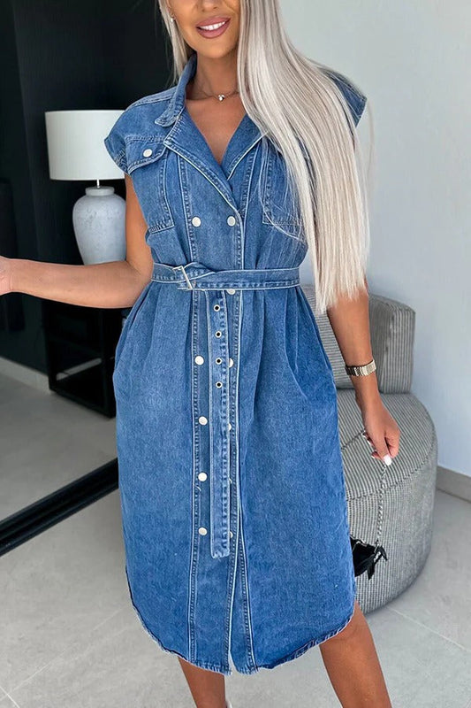 Color Lapel Sleeveless Button Pocket Waist Tie Denim Midi Dress