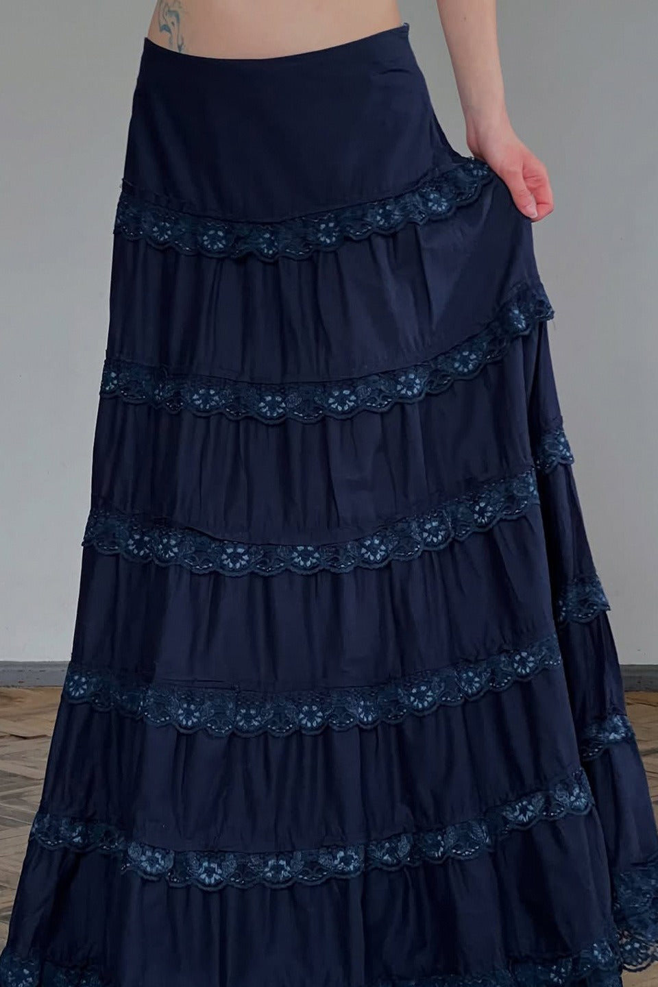 Lace Trimmed Tiered Midi Skirt