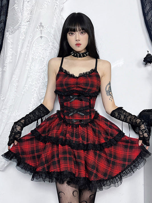 Plaid Mall Goth Grunge Punk Black Emo Party Lace Up Backless Mini Dress A-line Dress